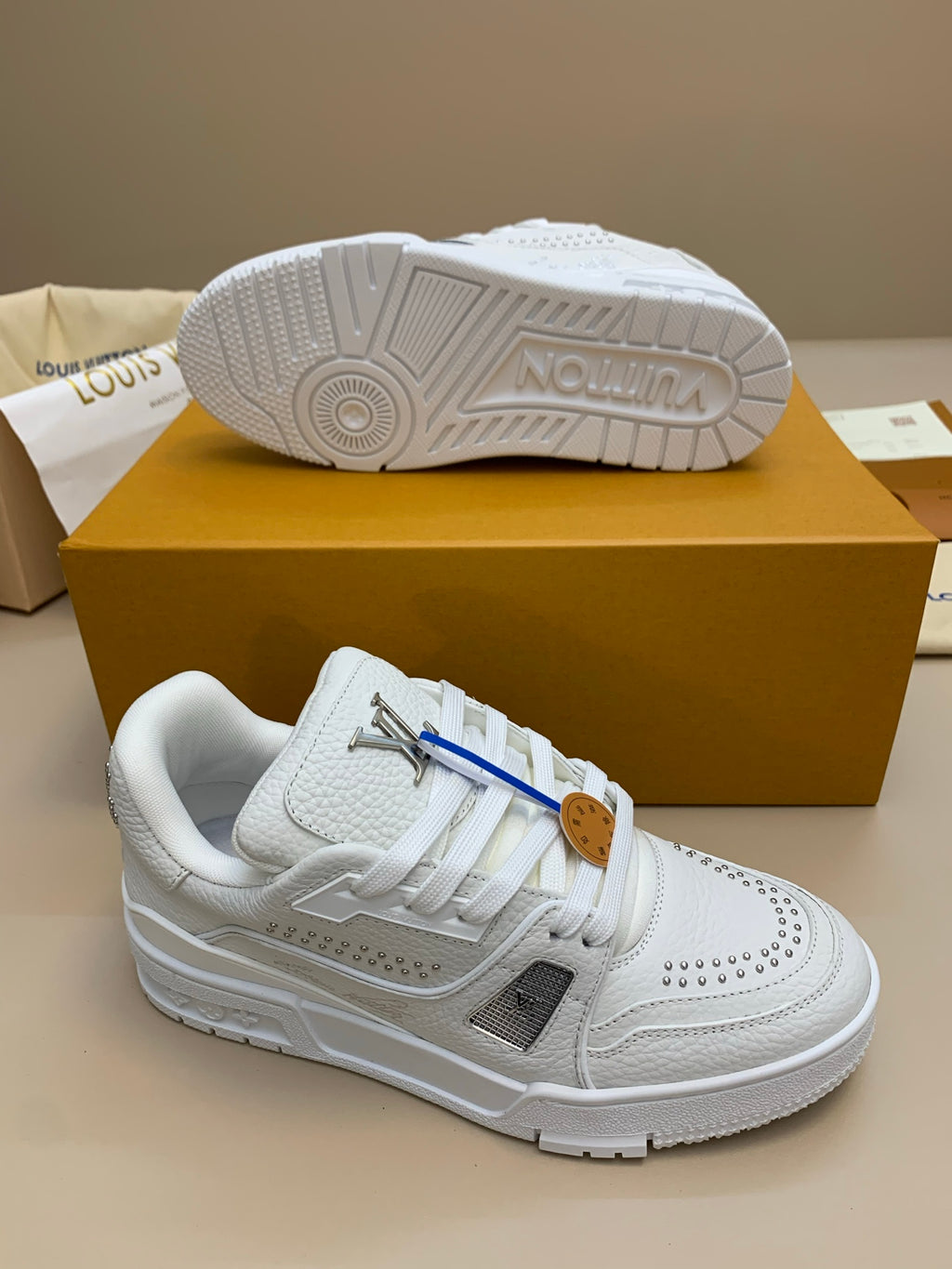 White Low-Top Sneakers with Silver Studs