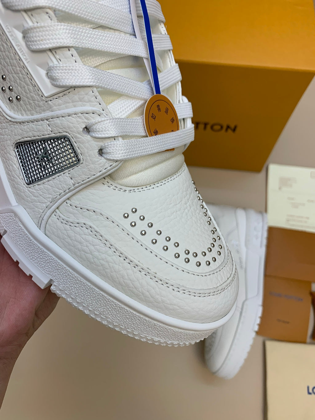 White Low-Top Sneakers with Silver Studs