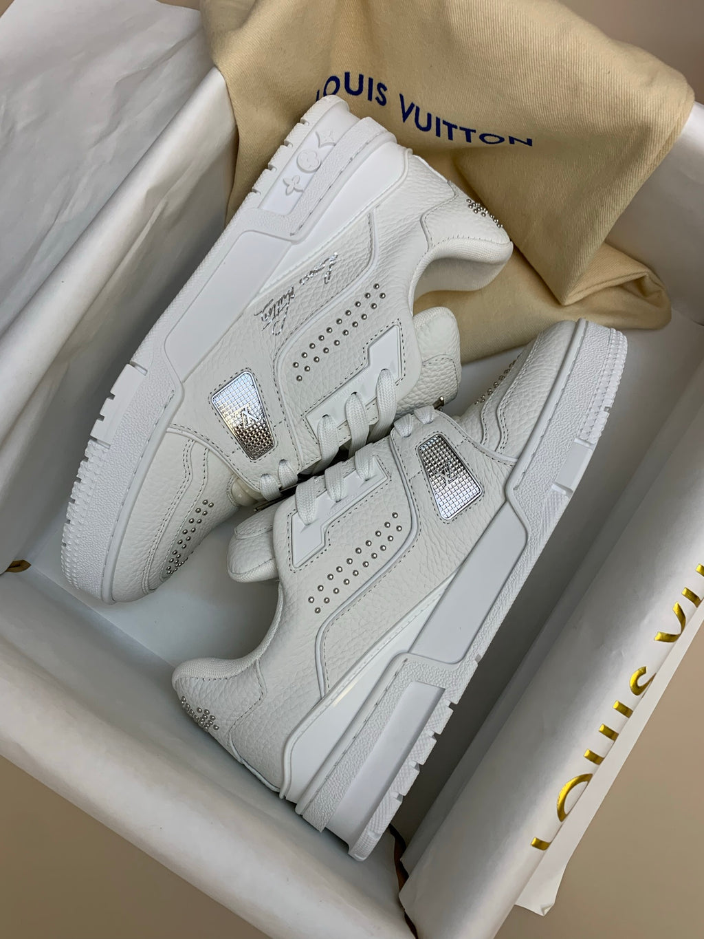 White Low-Top Sneakers with Silver Studs