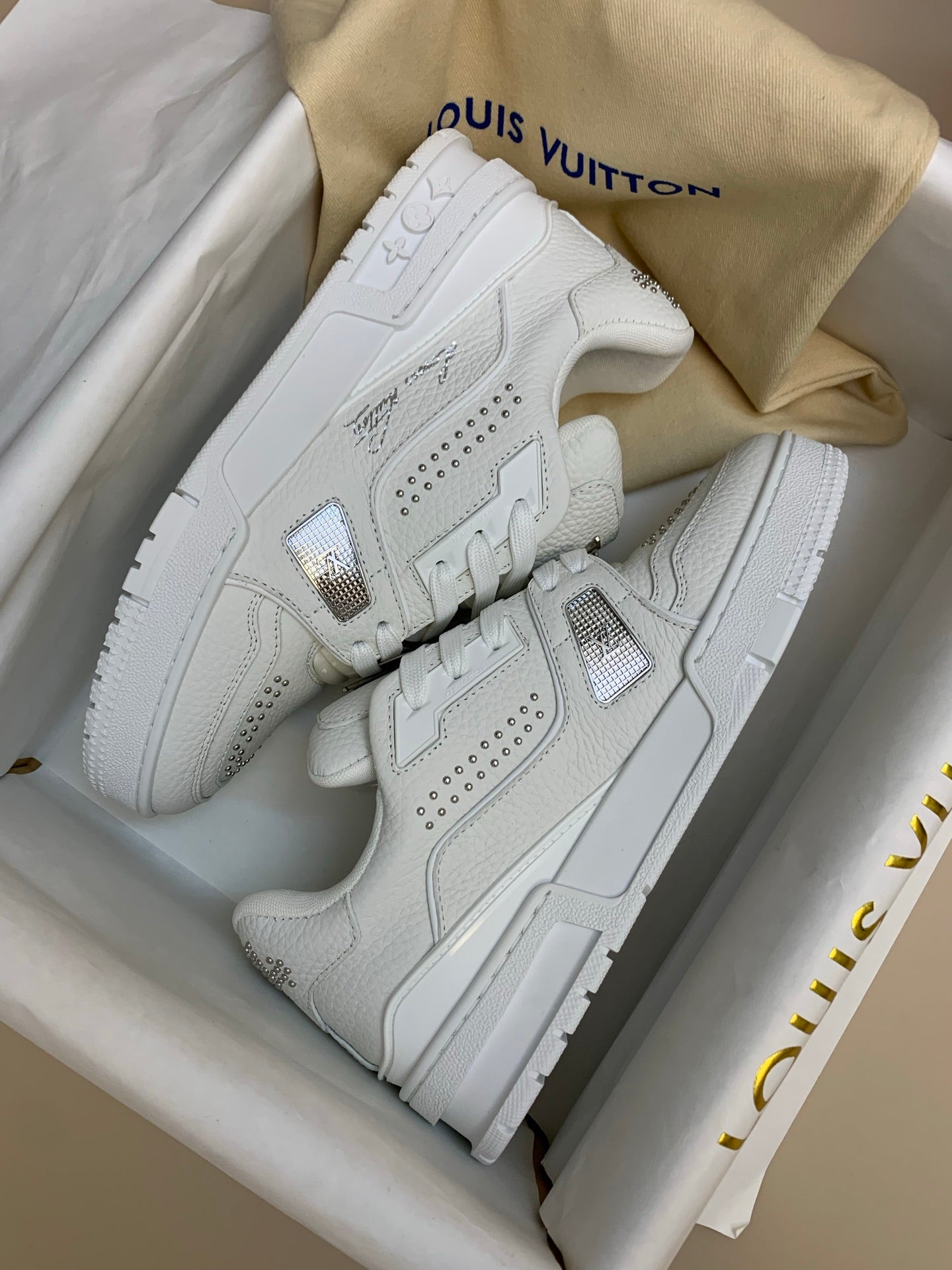 White Low-Top Sneakers with Silver Studs