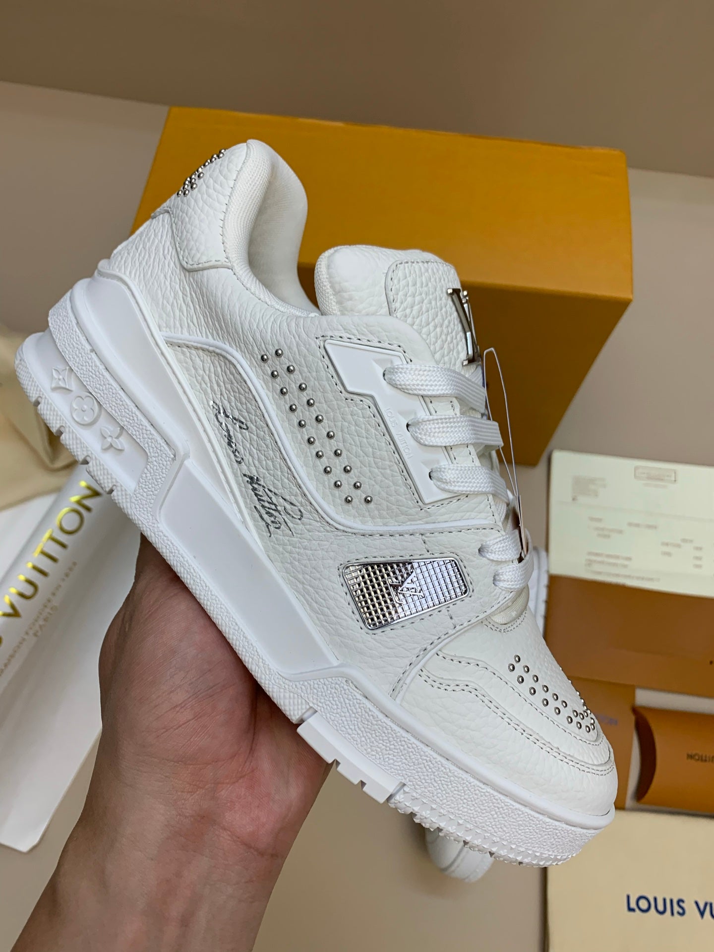 White Low-Top Sneakers with Silver Studs