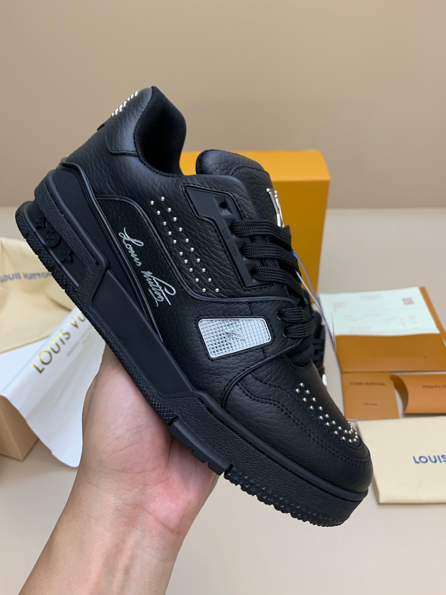 Black Leather Sneakers with Studded Detailing