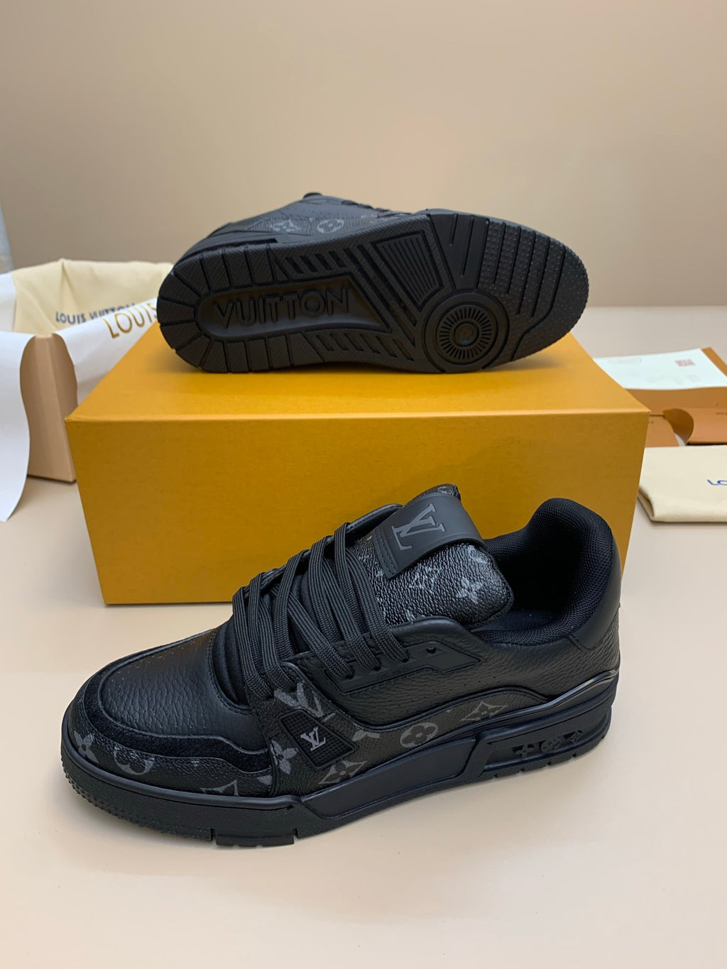 Black Patterned Low-Top Sneakers with Thick Sole