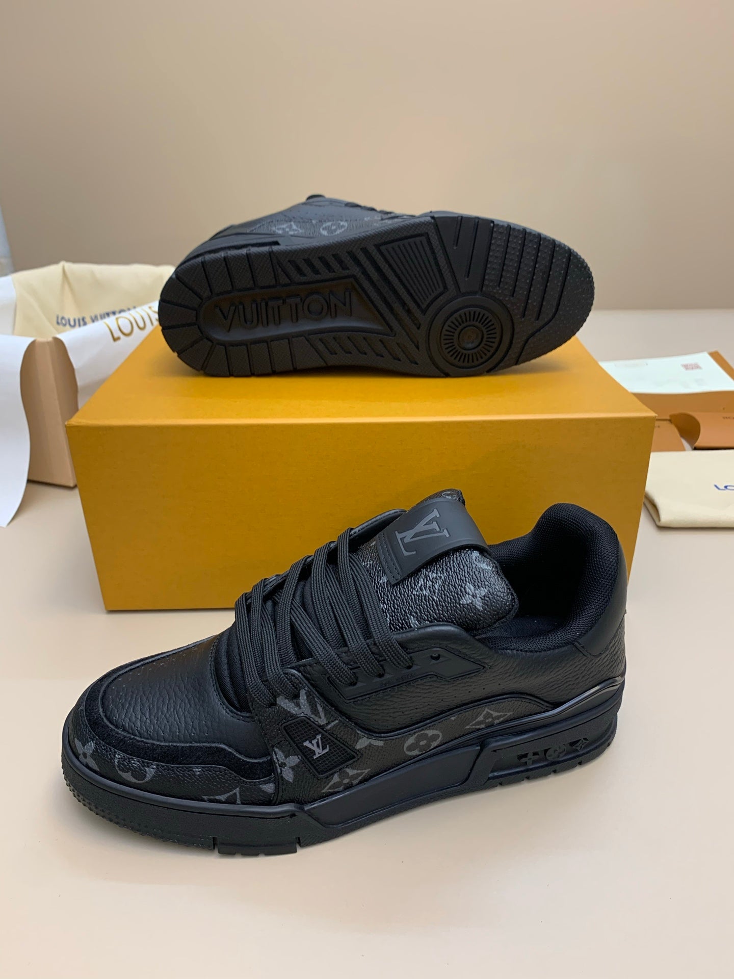 Black Patterned Low-Top Sneakers with Thick Sole