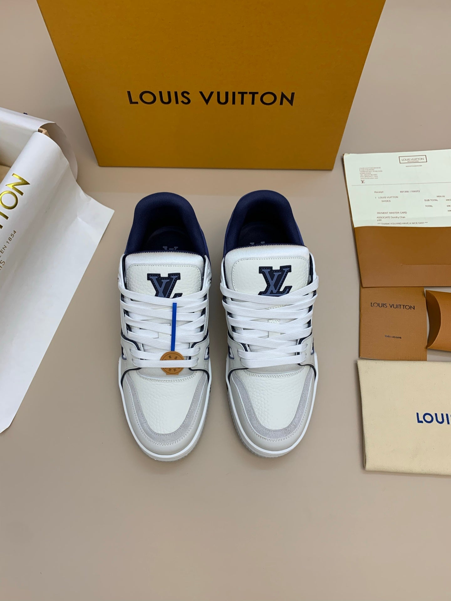 White Mid-Top Sneakers with Navy and Gray Accents