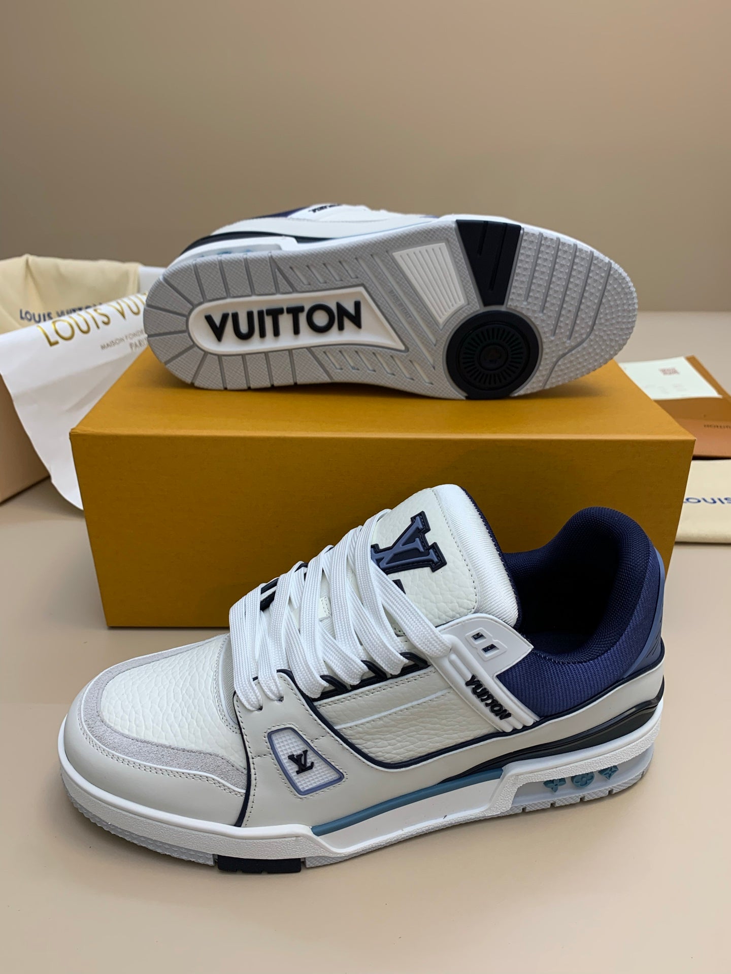 White Mid-Top Sneakers with Navy and Gray Accents