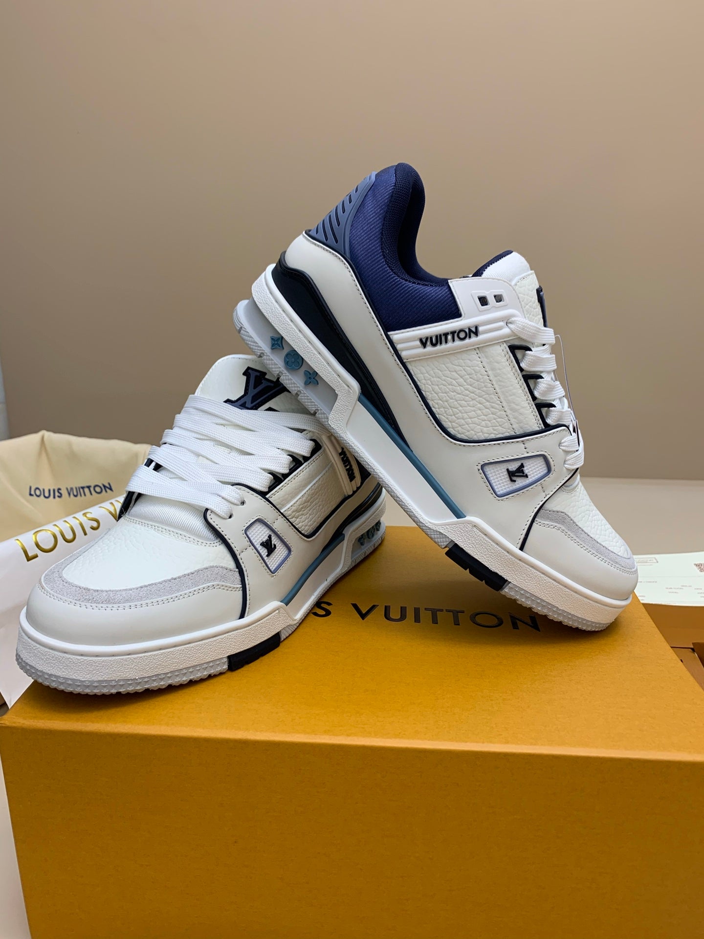 White Mid-Top Sneakers with Navy and Gray Accents