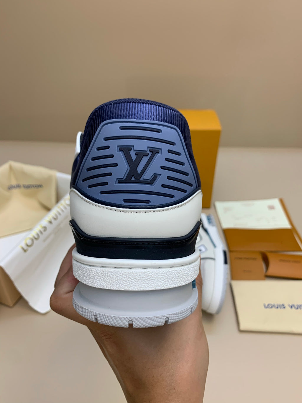 White Mid-Top Sneakers with Navy and Gray Accents