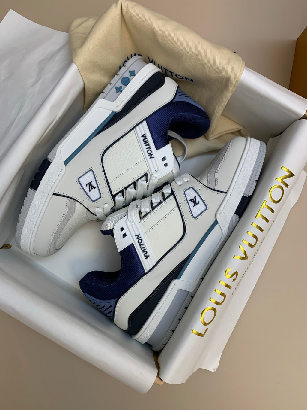 White Mid-Top Sneakers with Navy and Gray Accents