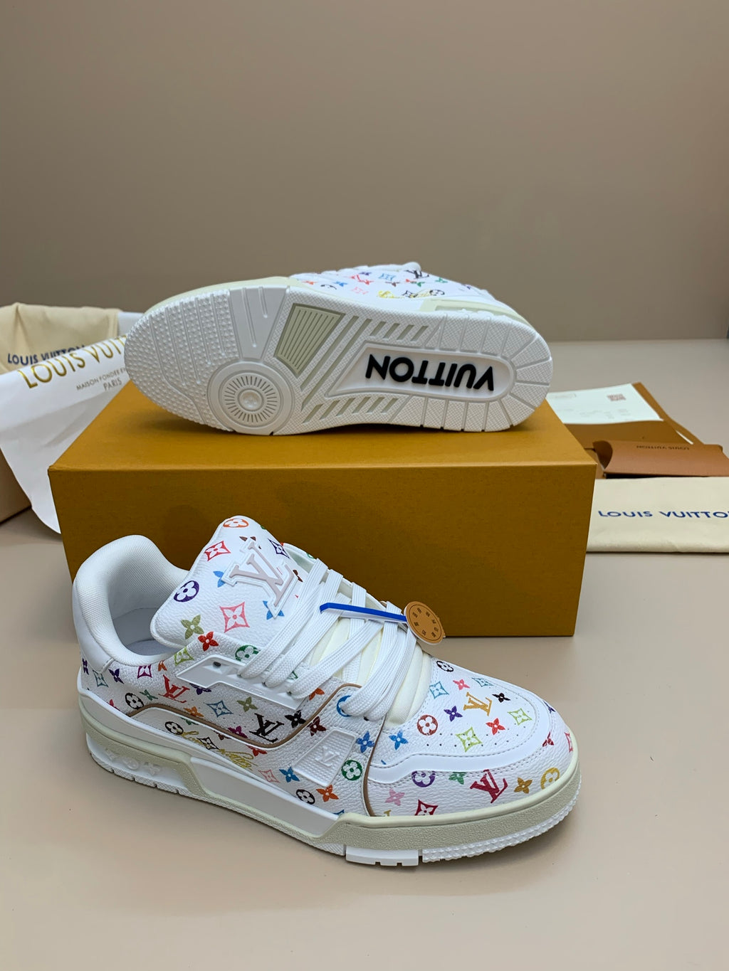 White Multicolor Patterned Sneakers with Thick Sole