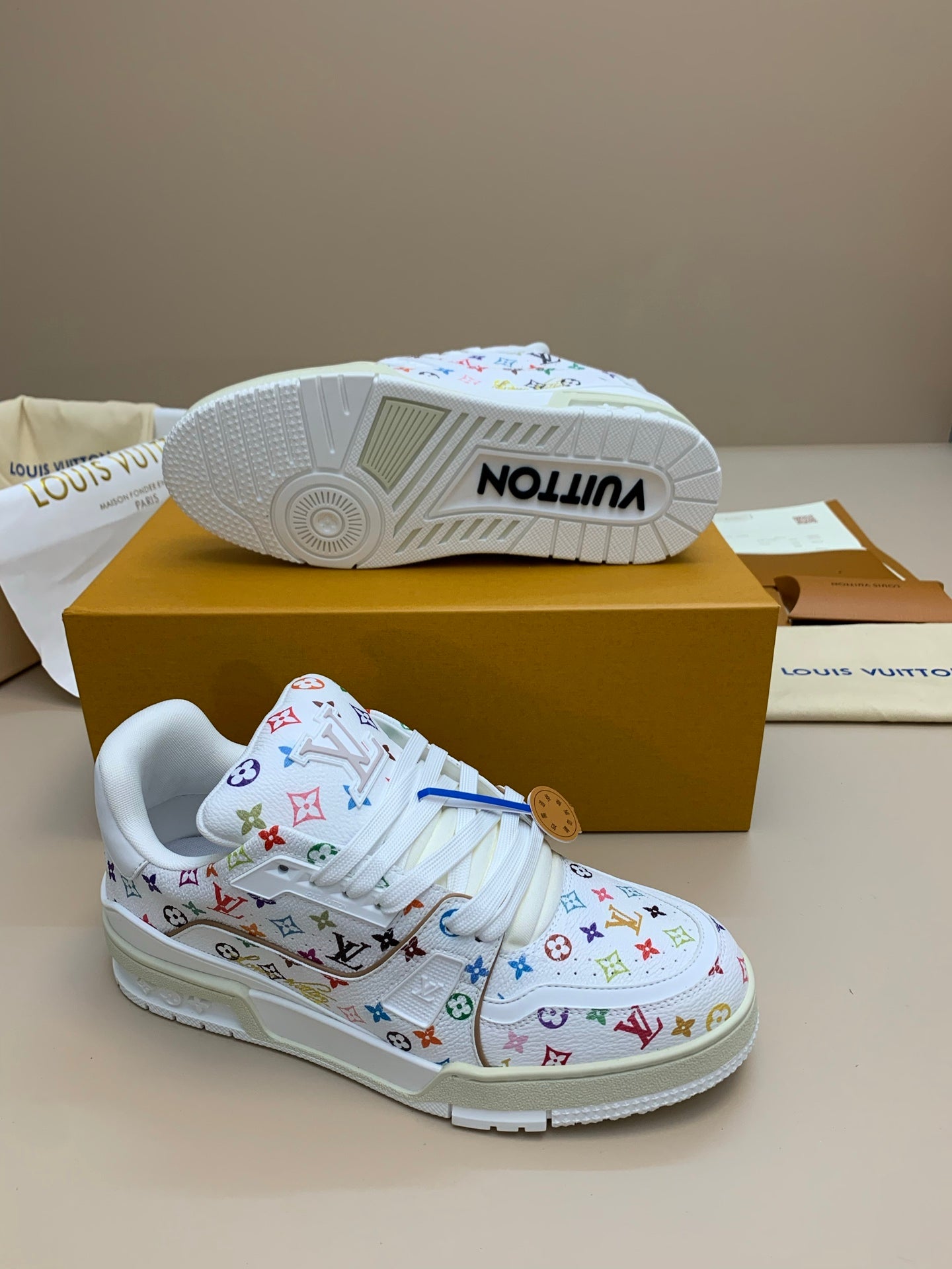 White Multicolor Patterned Sneakers with Thick Sole