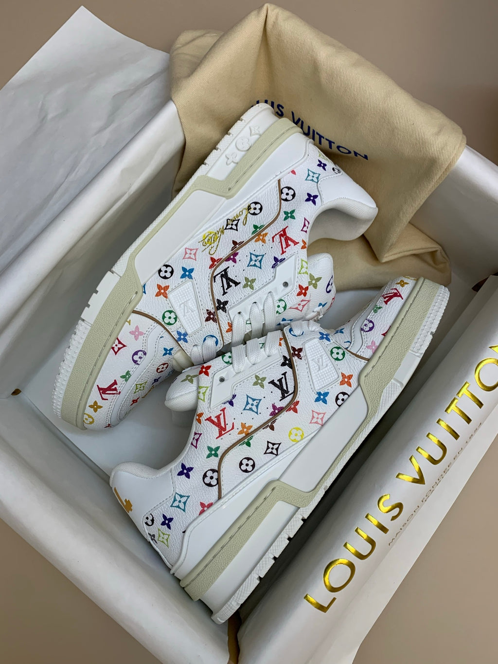 White Multicolor Patterned Sneakers with Thick Sole