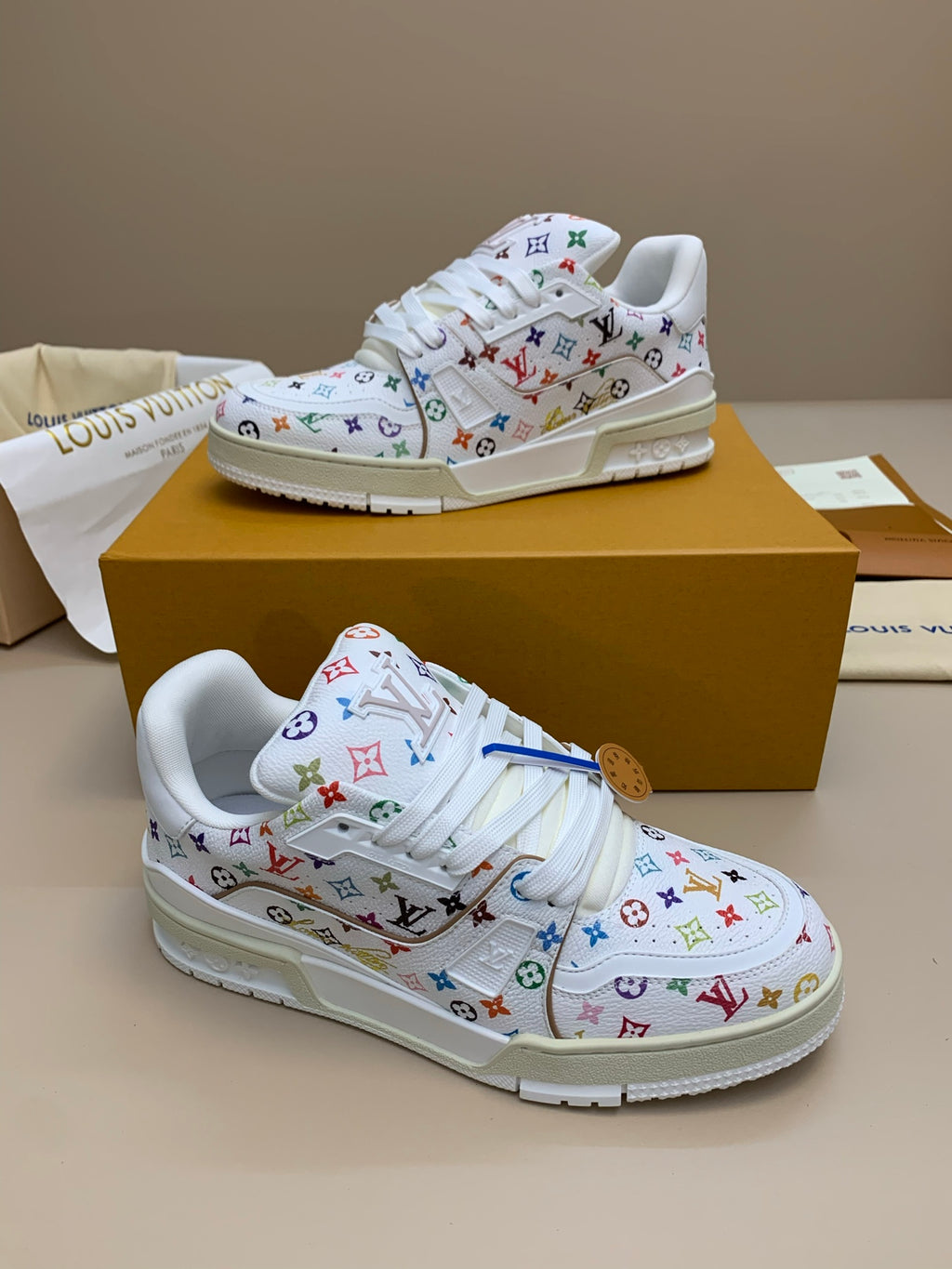 White Multicolor Patterned Sneakers with Thick Sole