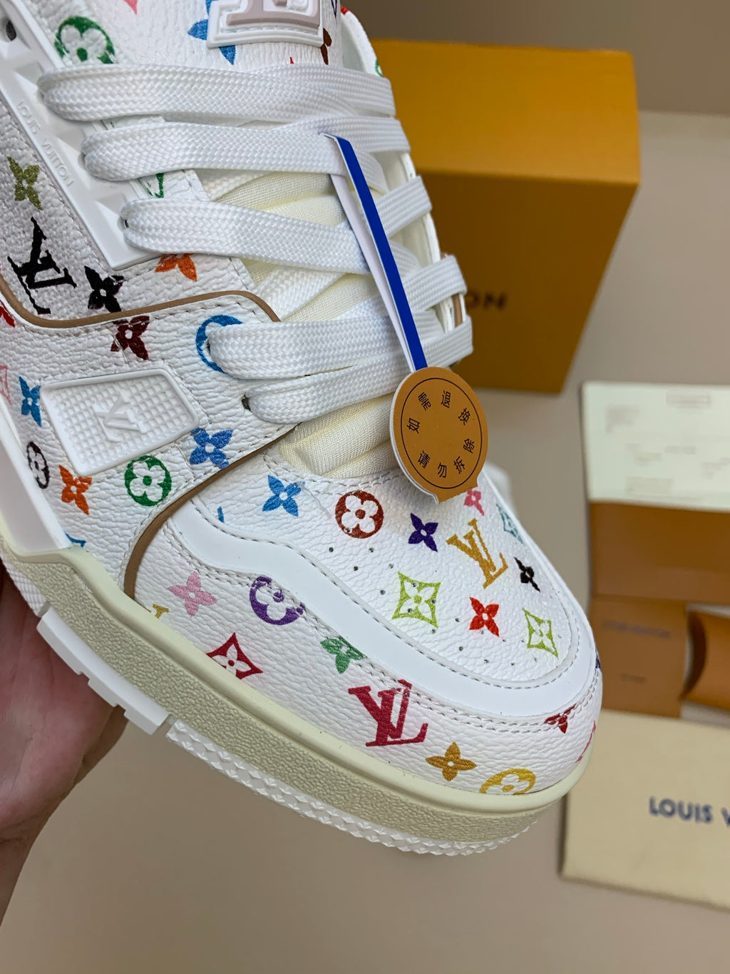 White Multicolor Patterned Sneakers with Thick Sole