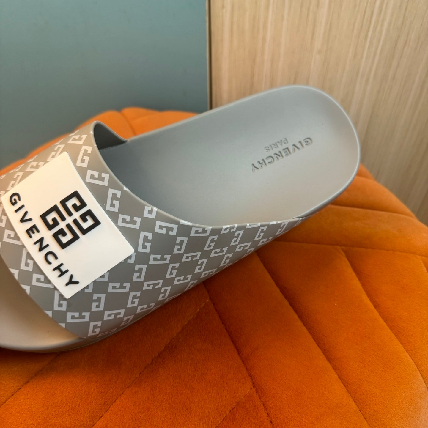 Gray Slide-On Slippers with Patterned Strap - Right side view