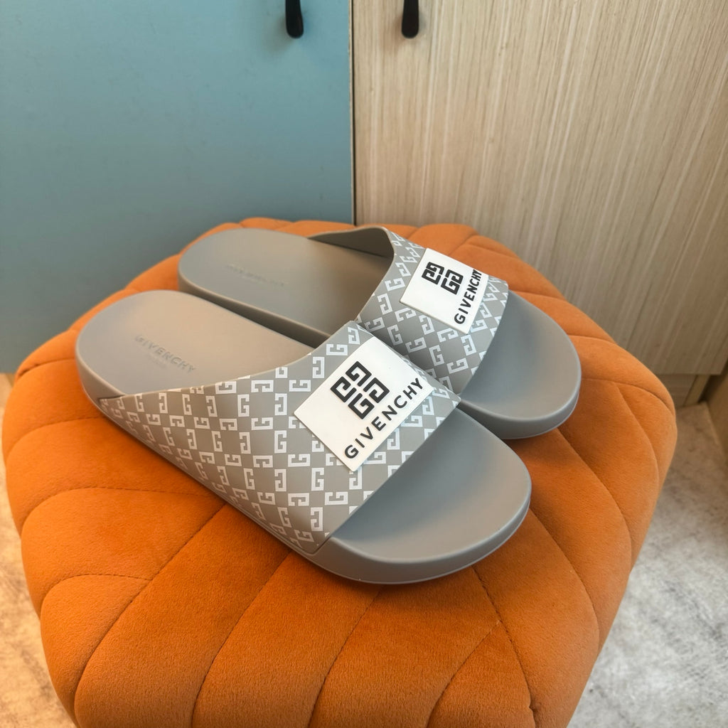 Gray Slide-On Slippers with Patterned Strap - On-foot view