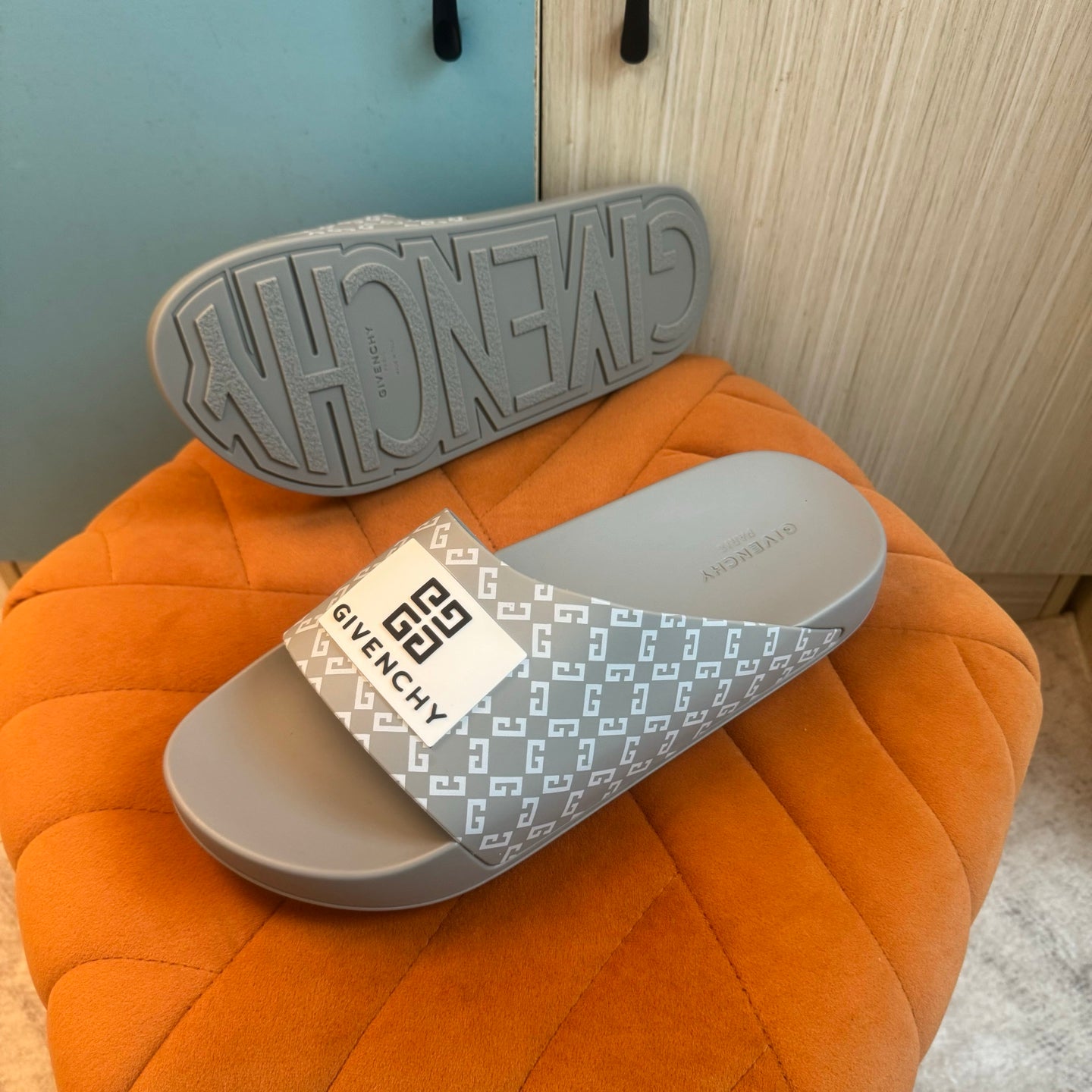 Gray Slide-On Slippers with Patterned Strap - Main view