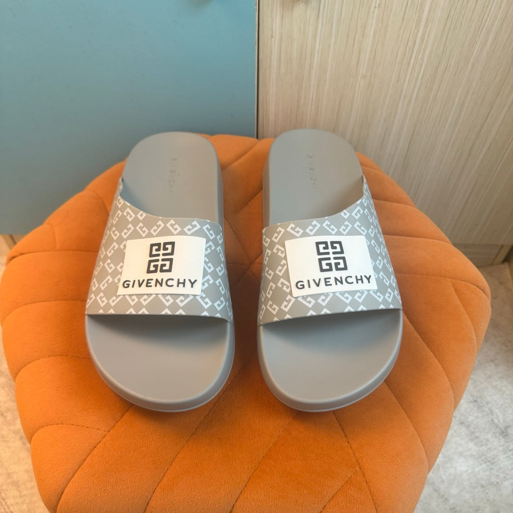 Gray Slide-On Slippers with Patterned Strap - Left side view