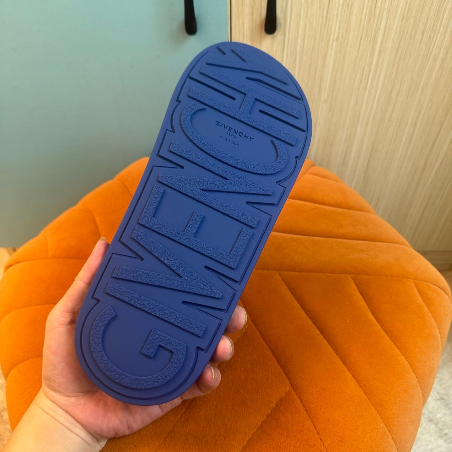 Blue Slide Slippers with Patterned Strap - Back view