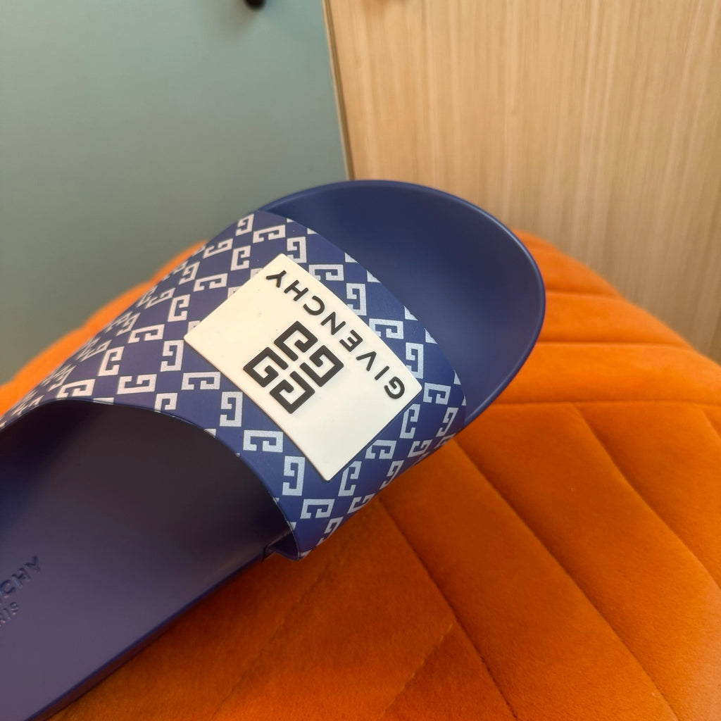 Blue Slide Slippers with Patterned Strap - On-foot view