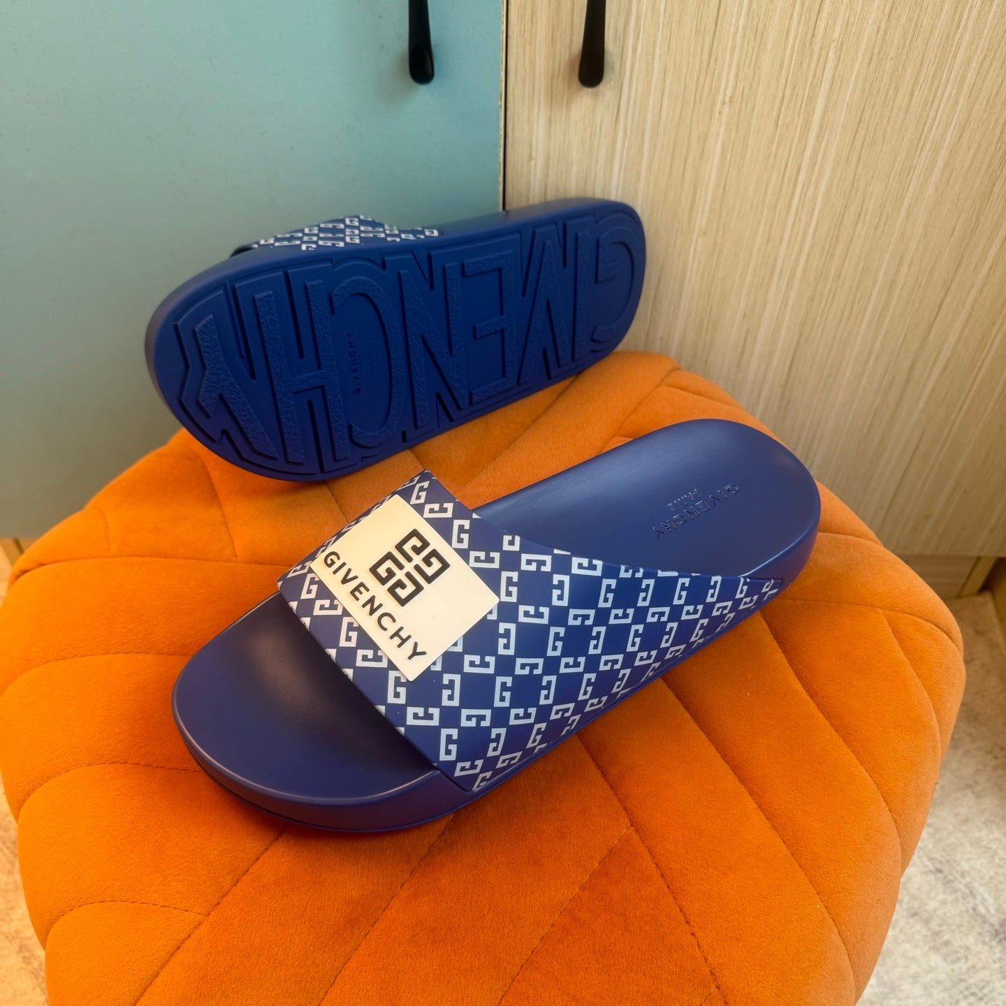 Blue Slide Slippers with Patterned Strap - Main view