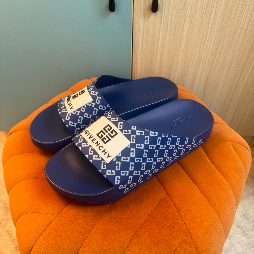 Blue Slide Slippers with Patterned Strap - Left side view