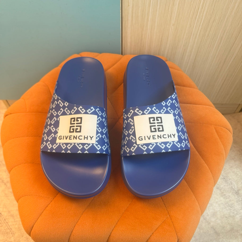 Blue Slide Slippers with Patterned Strap - Right side view