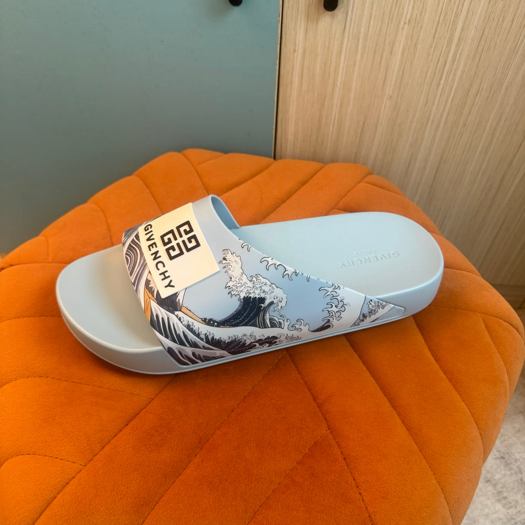 Light Blue Graphic Slide Sandals - Left side view