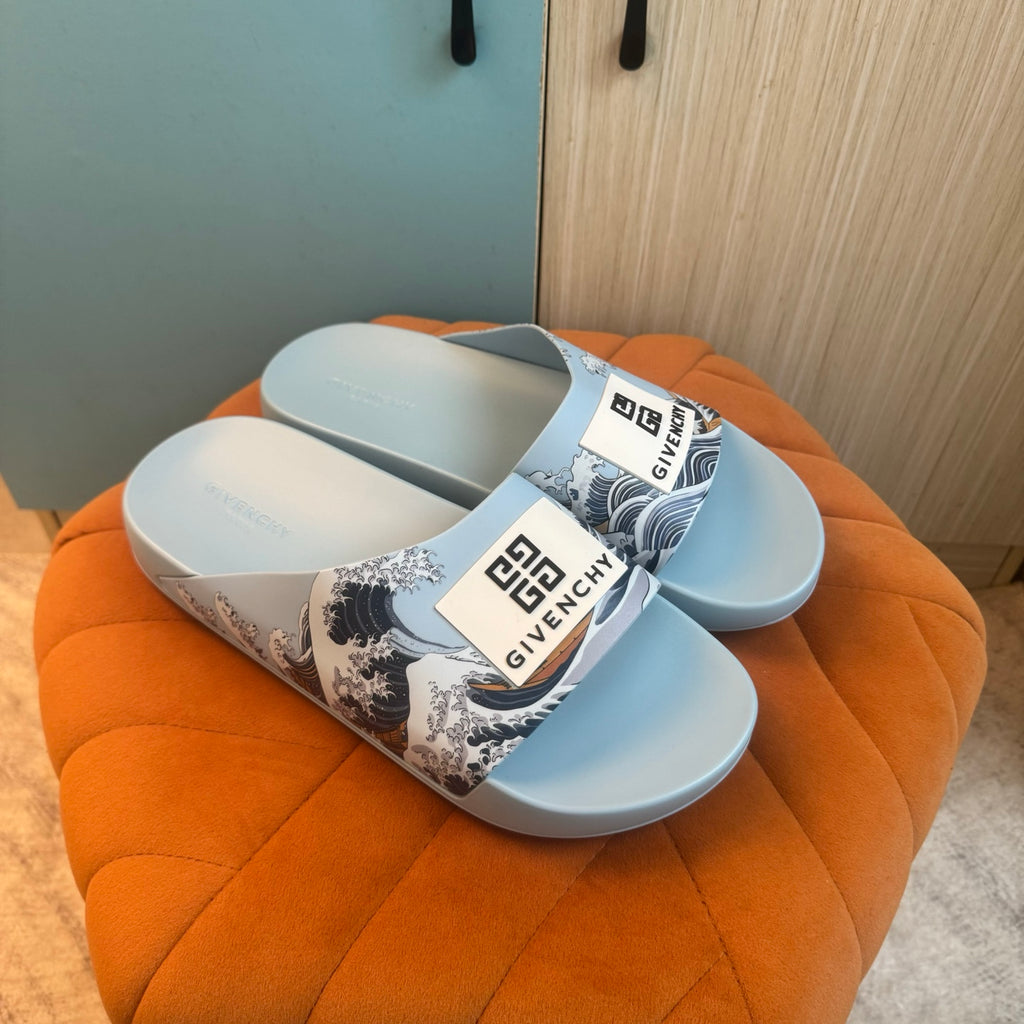 Light Blue Graphic Slide Sandals - Right side view