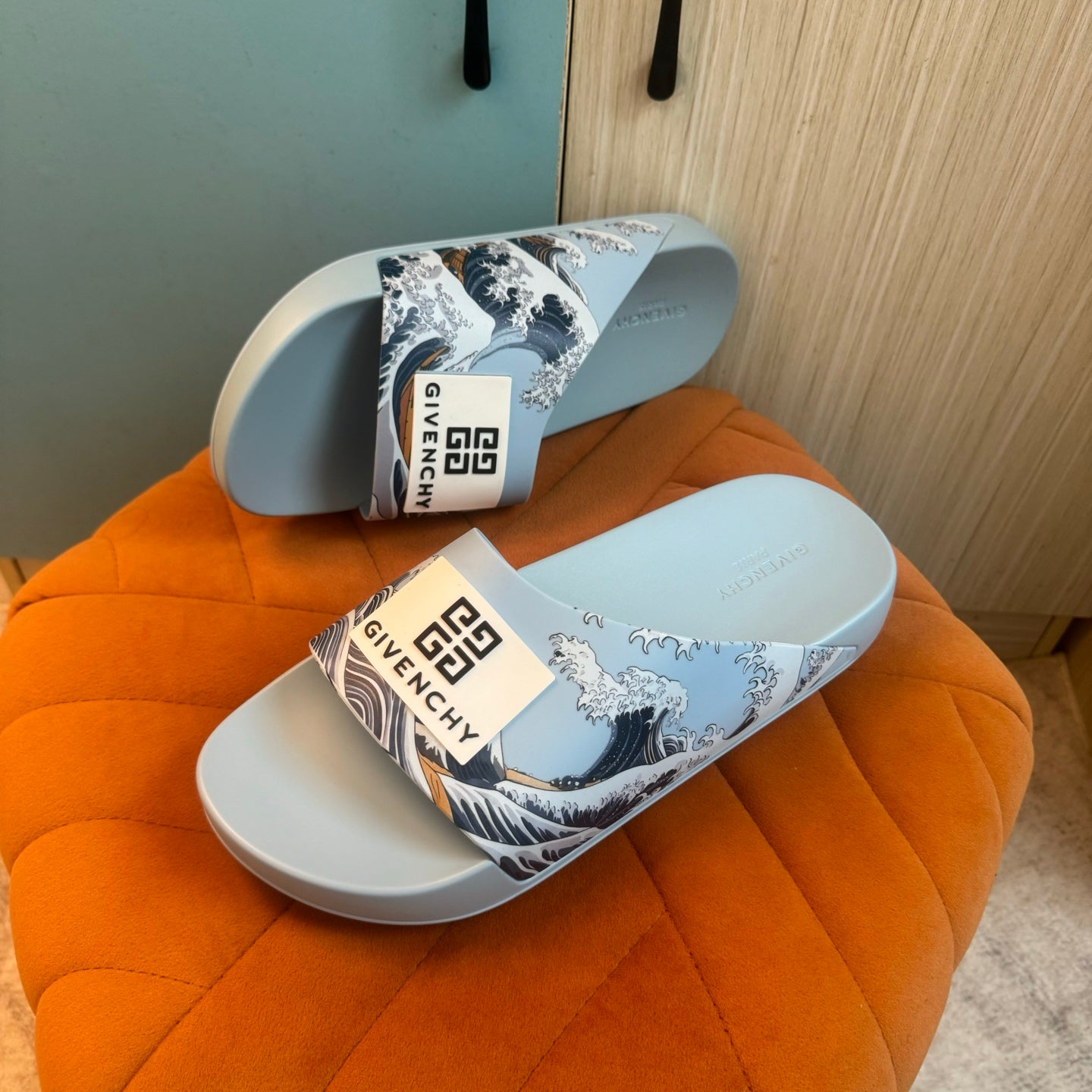 Light Blue Graphic Slide Sandals - Back view