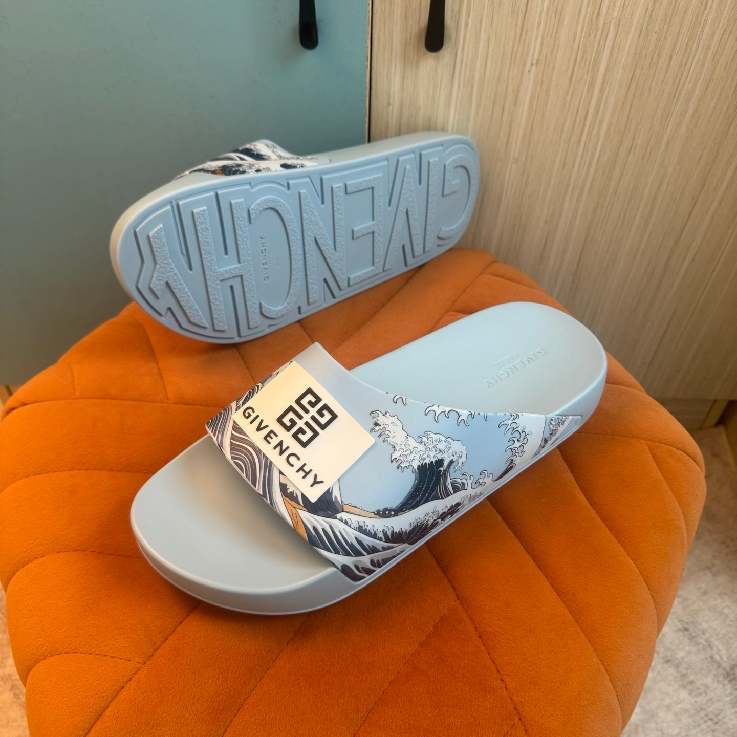 Light Blue Graphic Slide Sandals - Outsole view