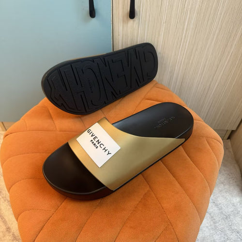 Black Slide Sandals with Gold Accents - Outsole view