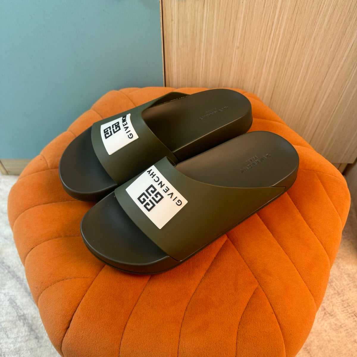 Olive Green Open-Toe Slippers with Strap - Left side view