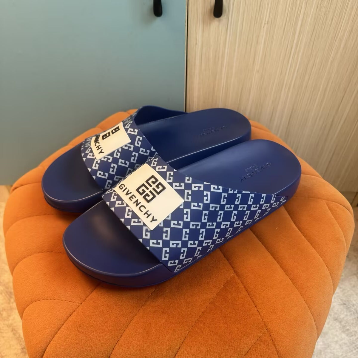 Blue Slide Sandals with Patterned Strap - Left side view