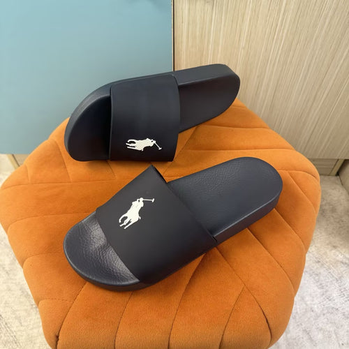Black Slide Sandals with Embossed Sole - On-foot view