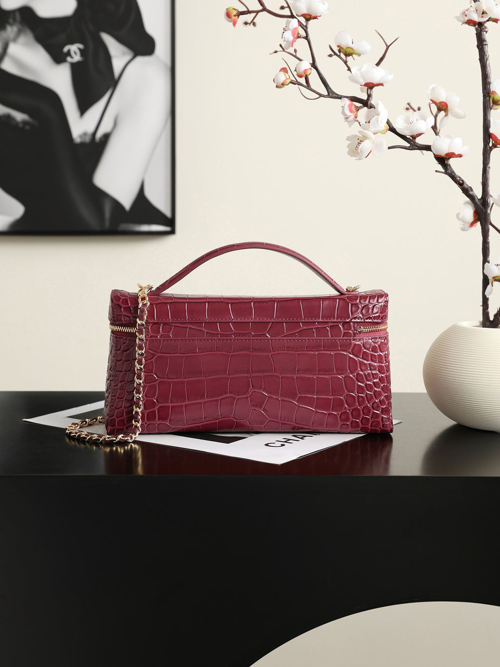 Burgundy Crocodile-Texture Handbag with Chain Strap - Left side view