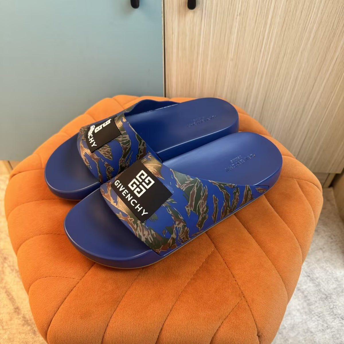 Blue Camouflage Slide-On Slippers with Patterned Upper - Left side view