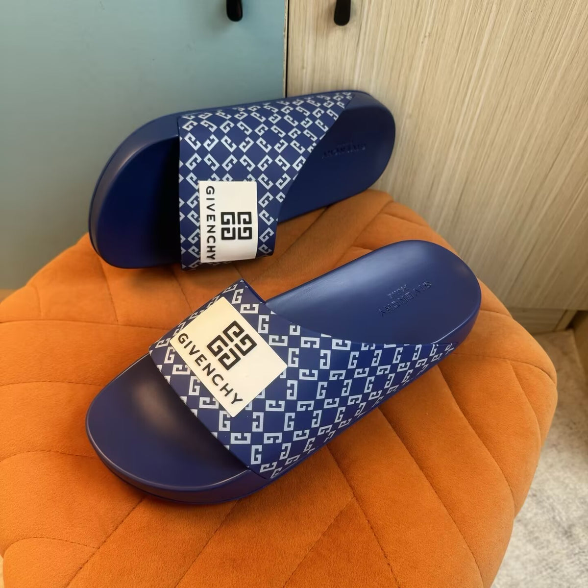 Blue Slide Sandals with Patterned Strap - Back view