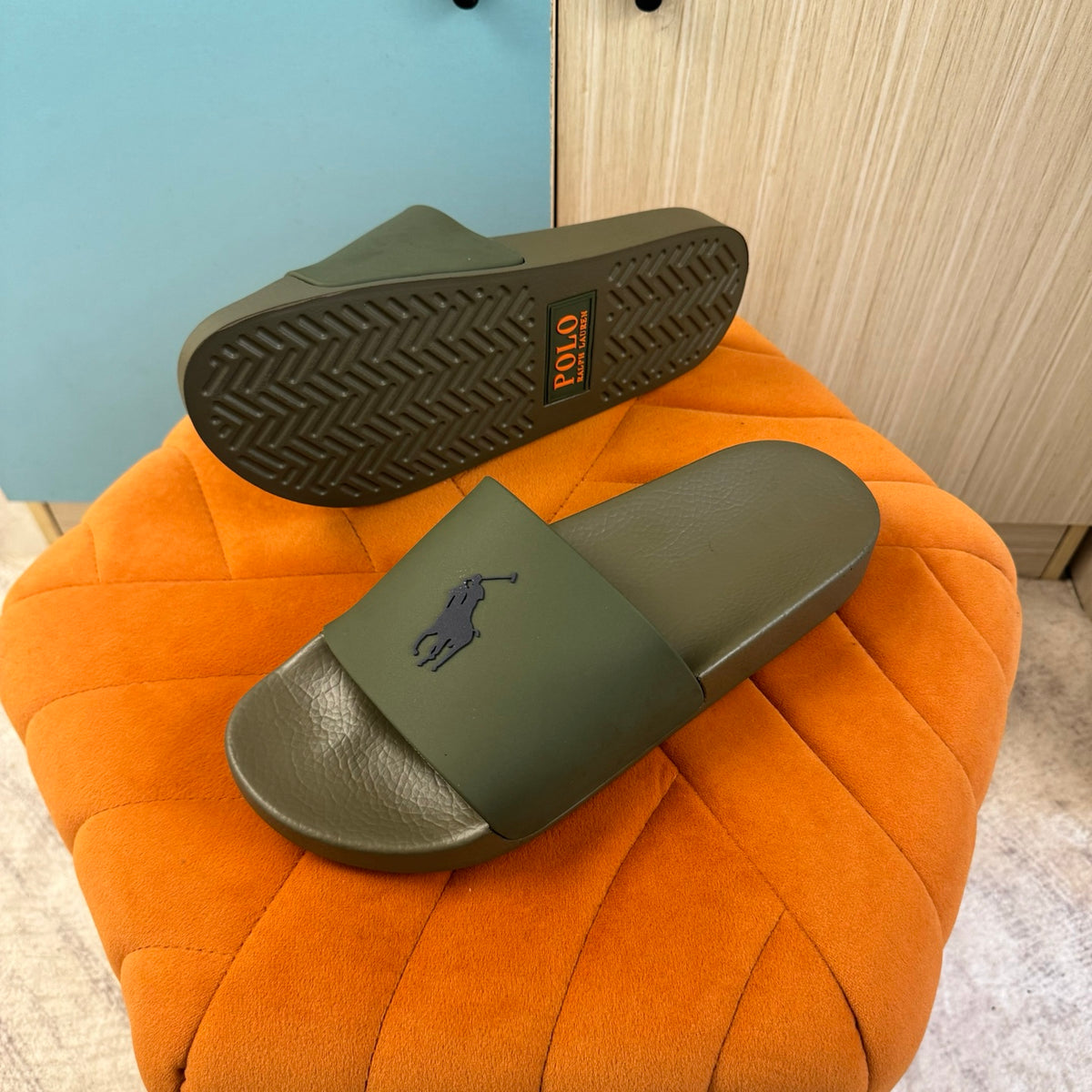 Olive Green Slide Sandals with Embossed Logo - Main view