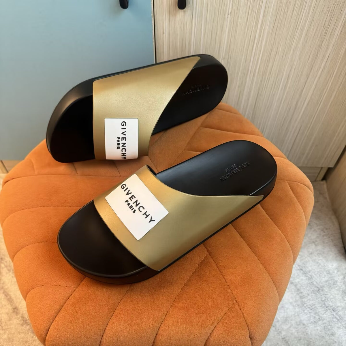 Black Slide Sandals with Gold Accents - Back view