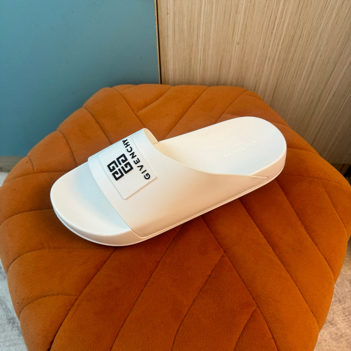 White Slide Sandals with Embossed Sole - Right side view