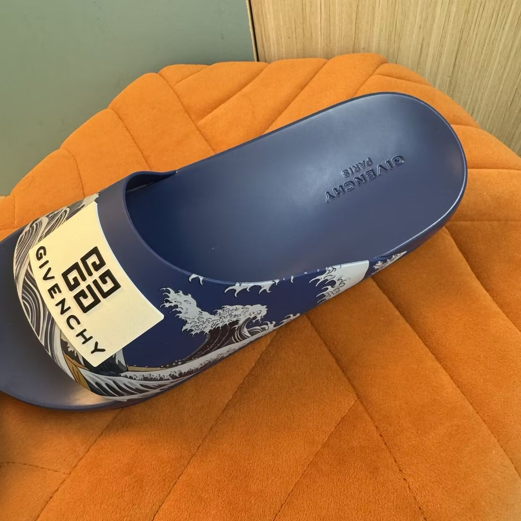 Blue Graphic Print Slide Sandals - Right side view