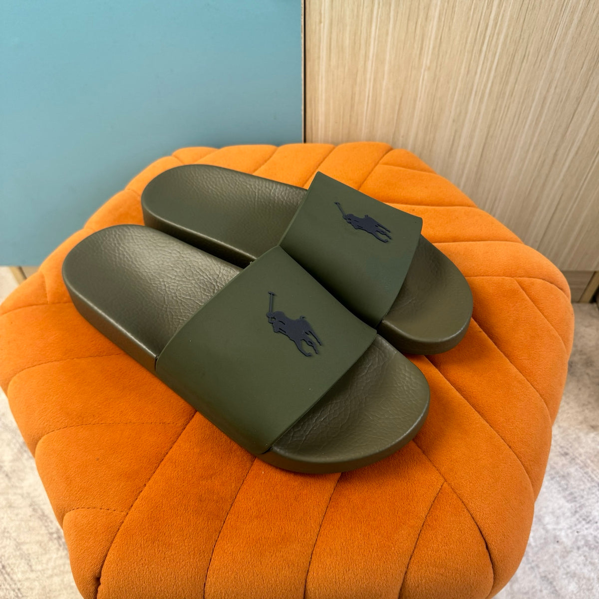 Olive Green Slide Sandals with Embossed Logo - Right side view