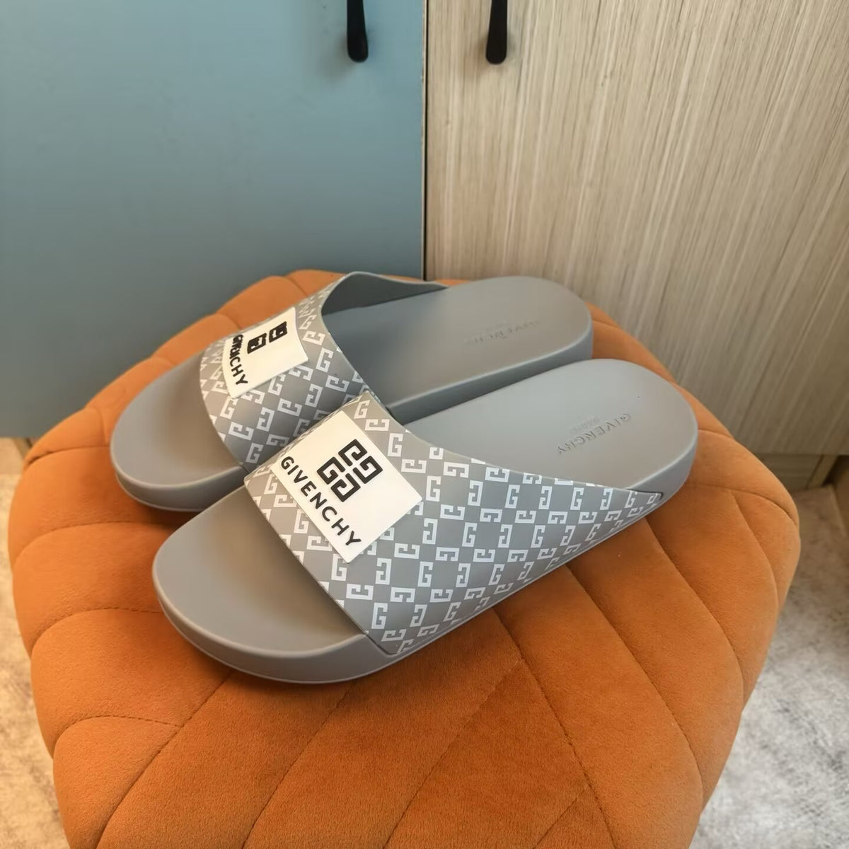 Gray Slide-On Slippers with Patterned Strap - Left side view