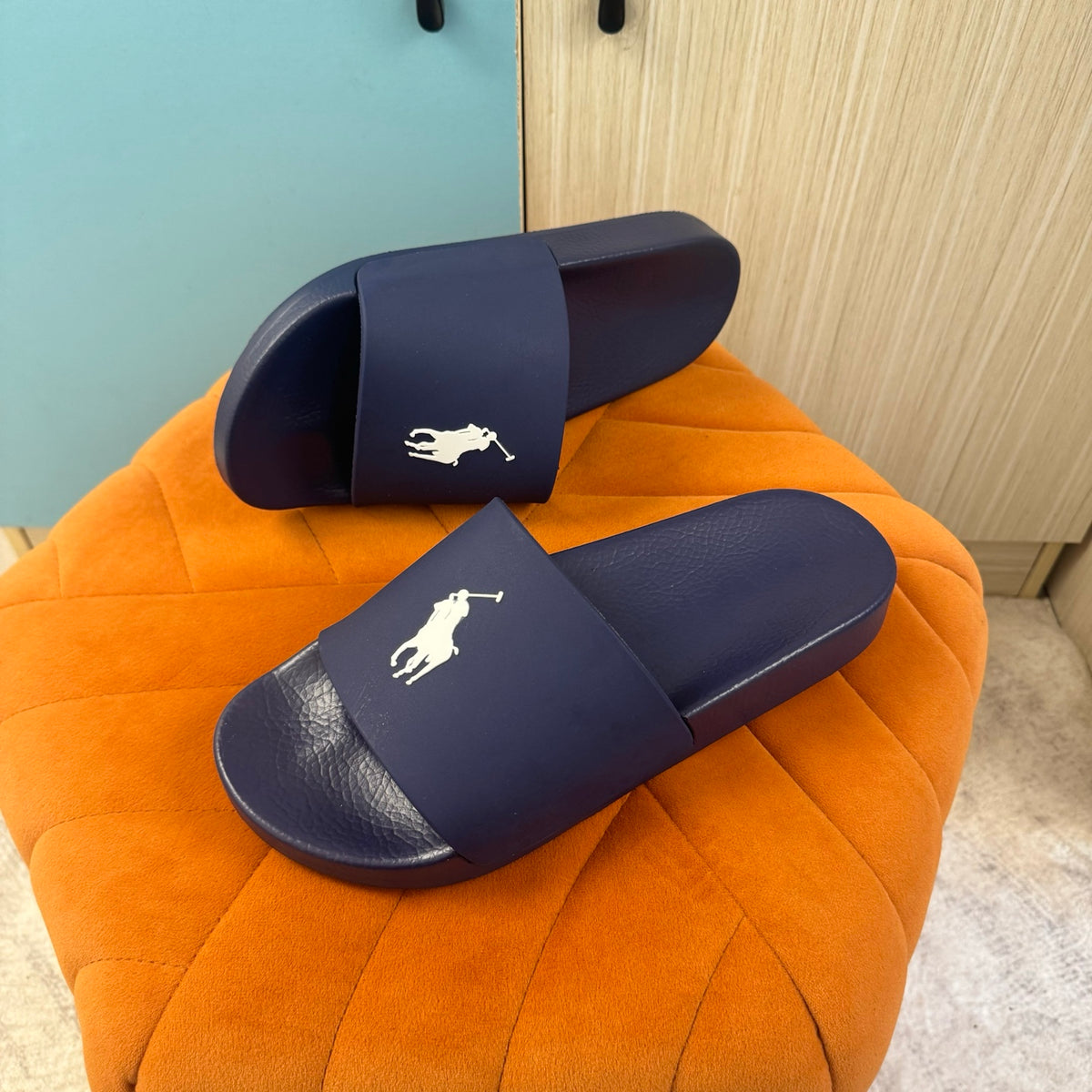 Navy Blue Slide Sandals with Embossed Logo - Main view