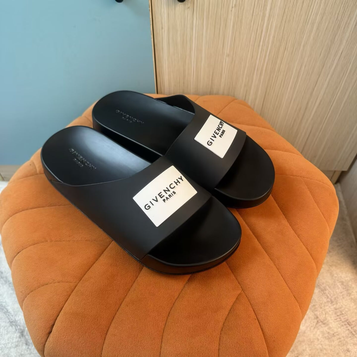 Black Slide Sandals with Embossed Sole - Main view