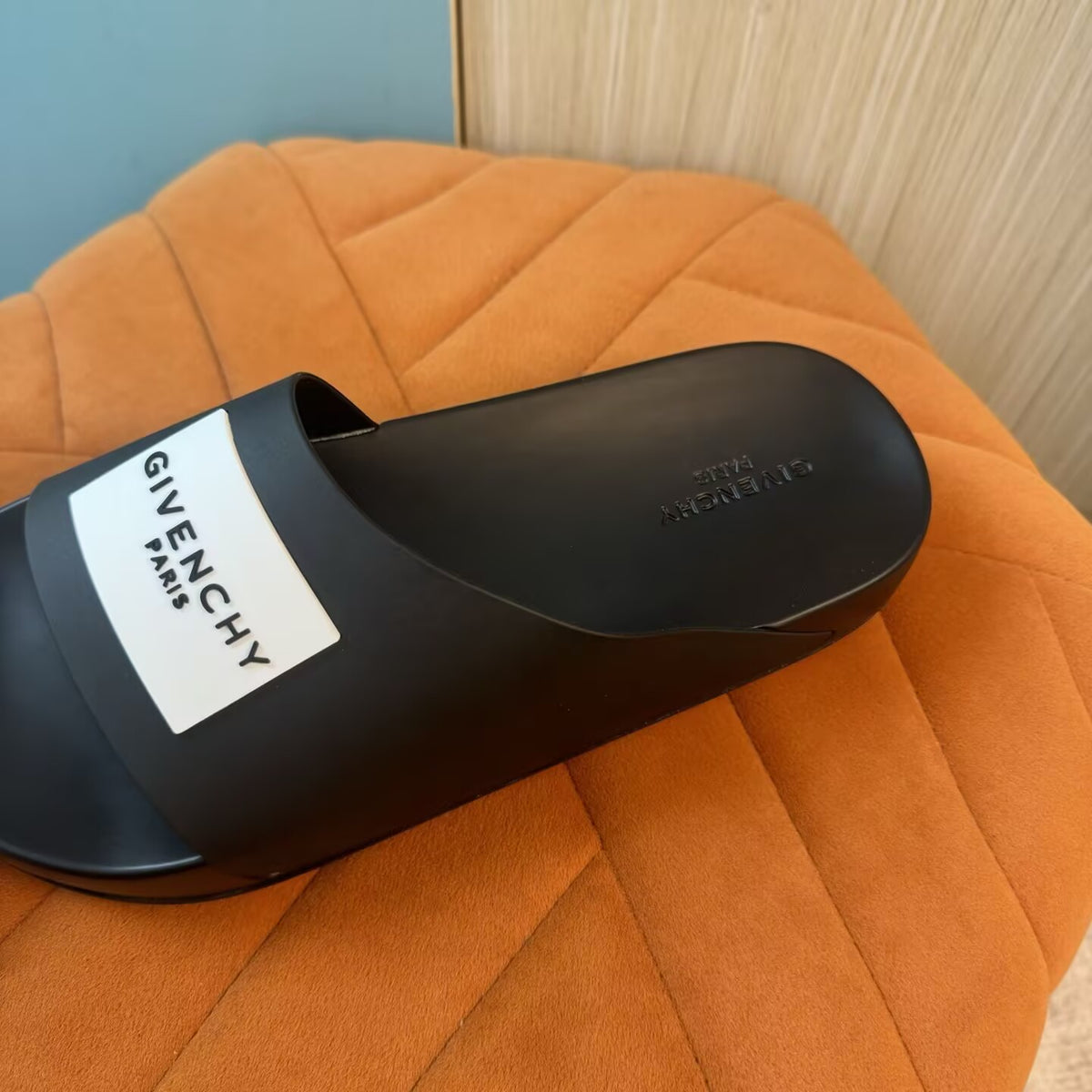 Black Slide Sandals with Embossed Sole - On-foot view