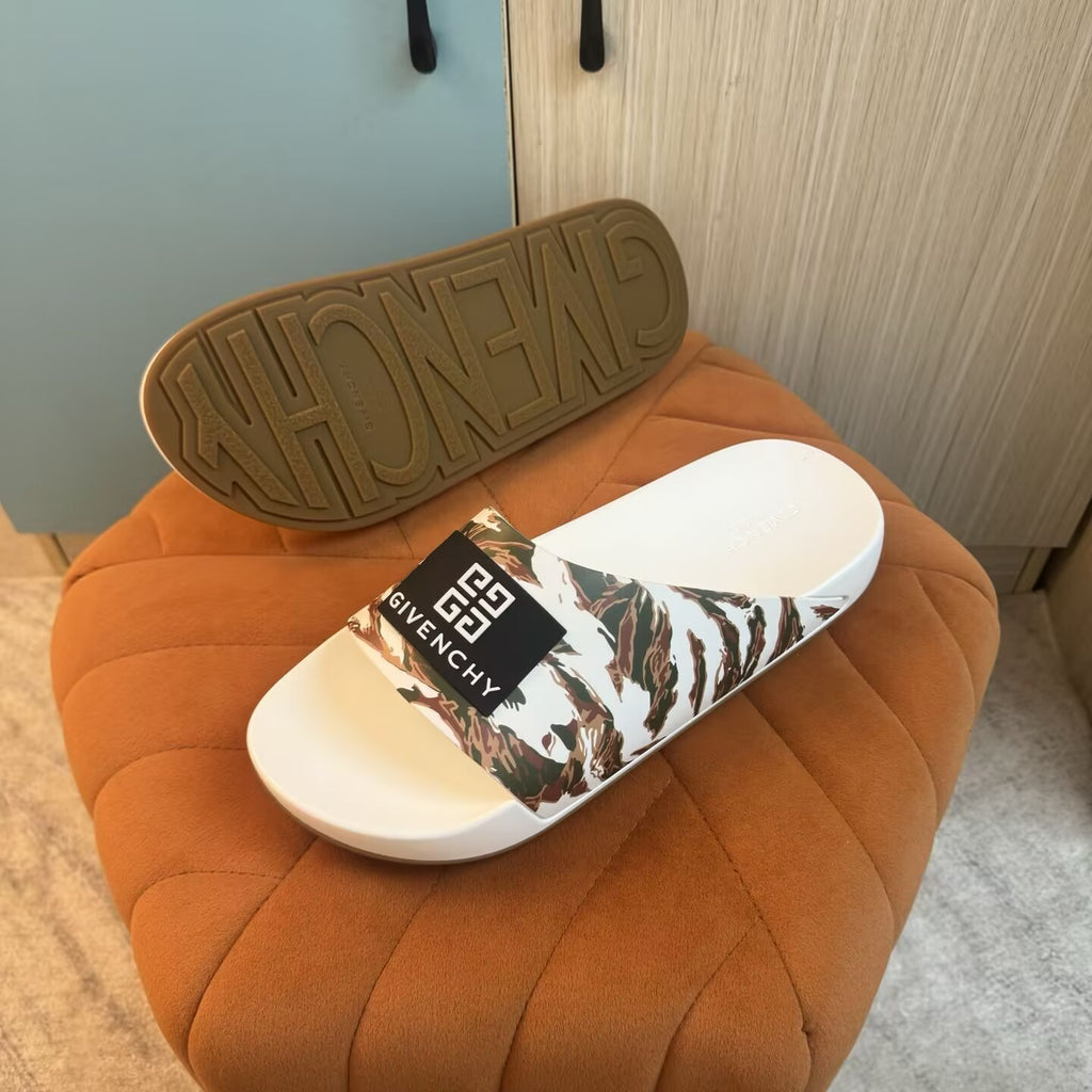 White and Khaki Camouflage Slide Sandals - Right side view