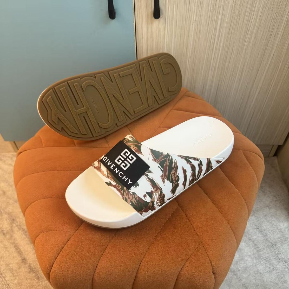 White and Khaki Camouflage Slide Sandals - Right side view