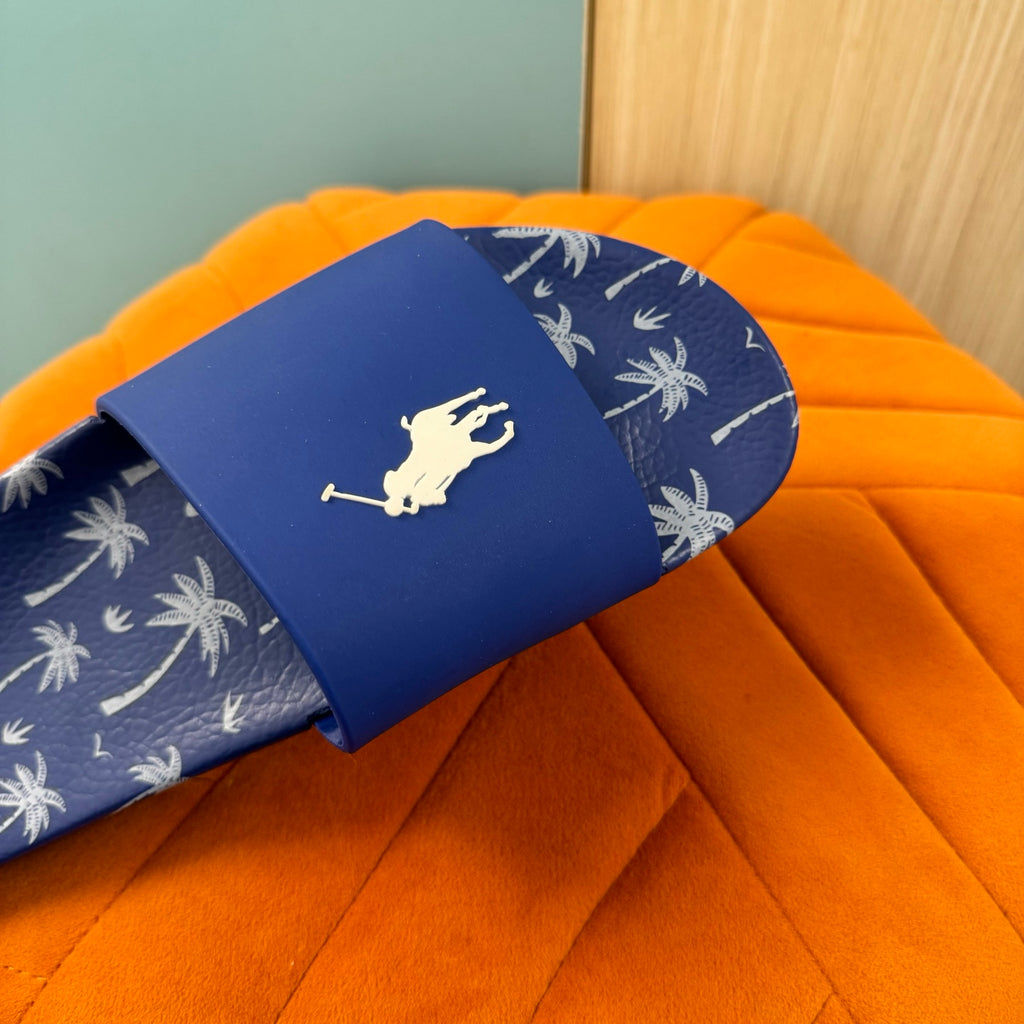 Blue Slide Sandals with Palm Tree Pattern - Right side view